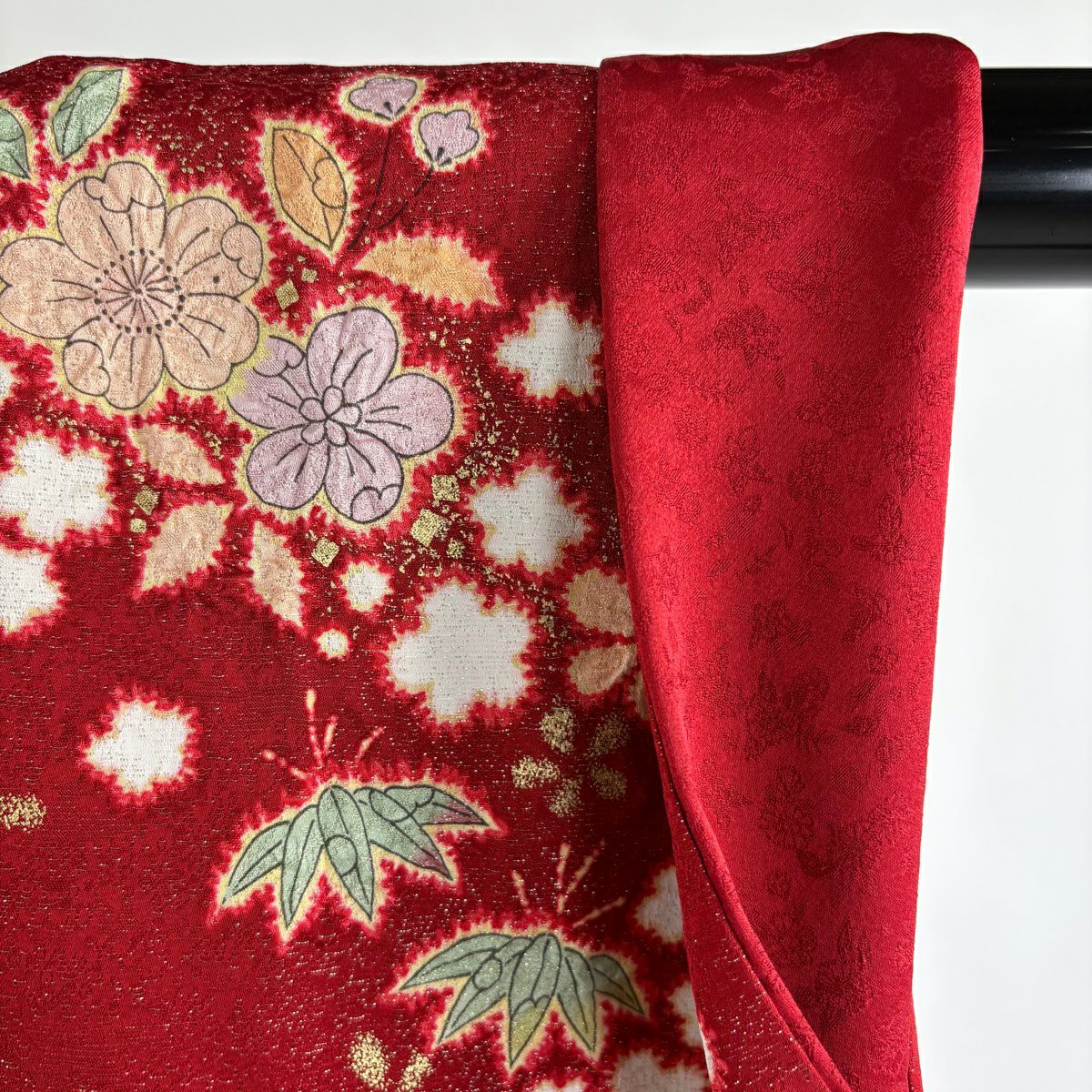 【美品】振袖禮服 身長159cm 袖長64cm M 雙層 徳永憲峯 落款あり 辻花染 笹 通し 金彩裝飾 紅 純蠶絲 逸品級