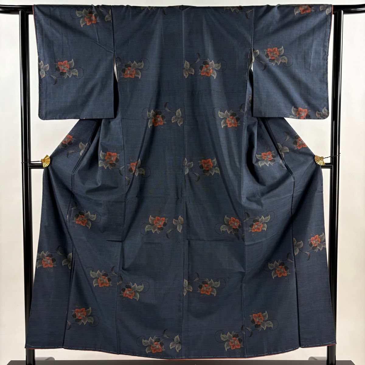 紬織 身長155.5cm 袖長62.5cm S 雙層 草花紋紋 深藍 純蠶絲 秀品級