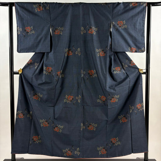 紬織 身長155.5cm 袖長62.5cm S 雙層 草花紋紋 深藍 純蠶絲 秀品級