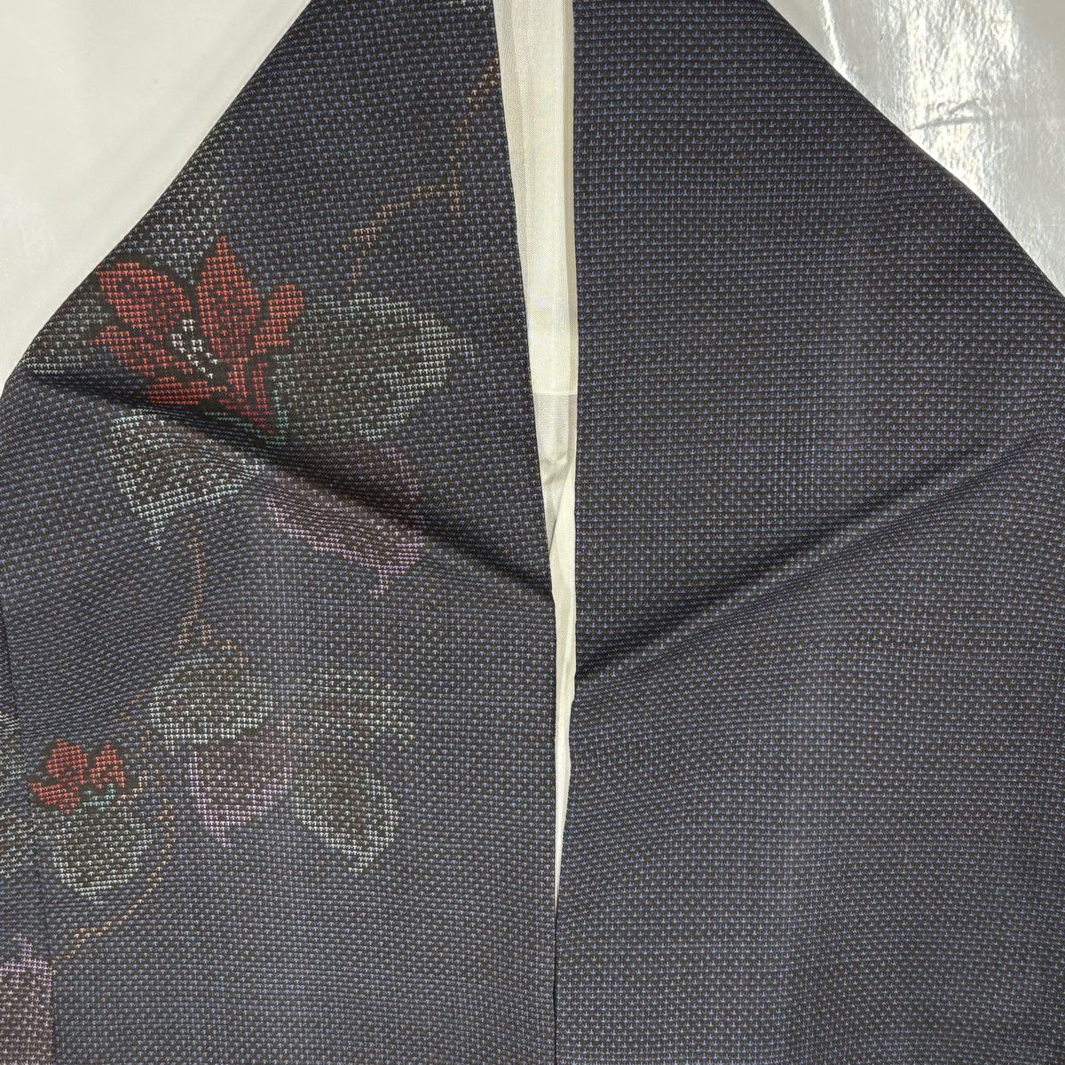 大島紬織 身長152cm 袖長62.5cm S 雙層 純泥染 證書附上 枝花 深藍 純蠶絲 優品級