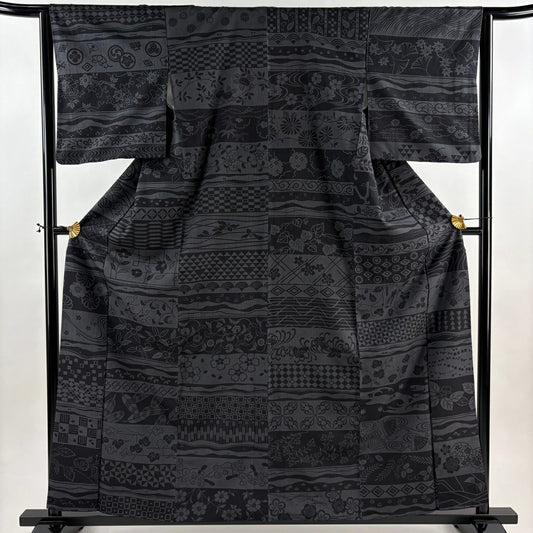 【美品】 小紋 身長160cm 袖長64cm M 雙層 紬織織 千鳥 草花紋 黑灰 純蠶絲 秀品級