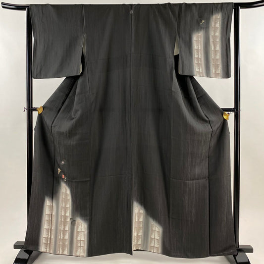 付下 身長162.5cm 袖長65cm M 雙層 幾何學 金金箔 金銀彩 黑灰 純蠶絲 秀品級 一個紋