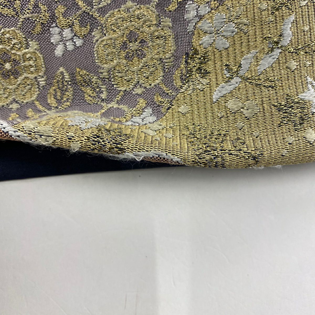 袋帶 秀品級 草花紋紋 寄せ柄 金金箔 墨 深藍 六通 純蠶絲