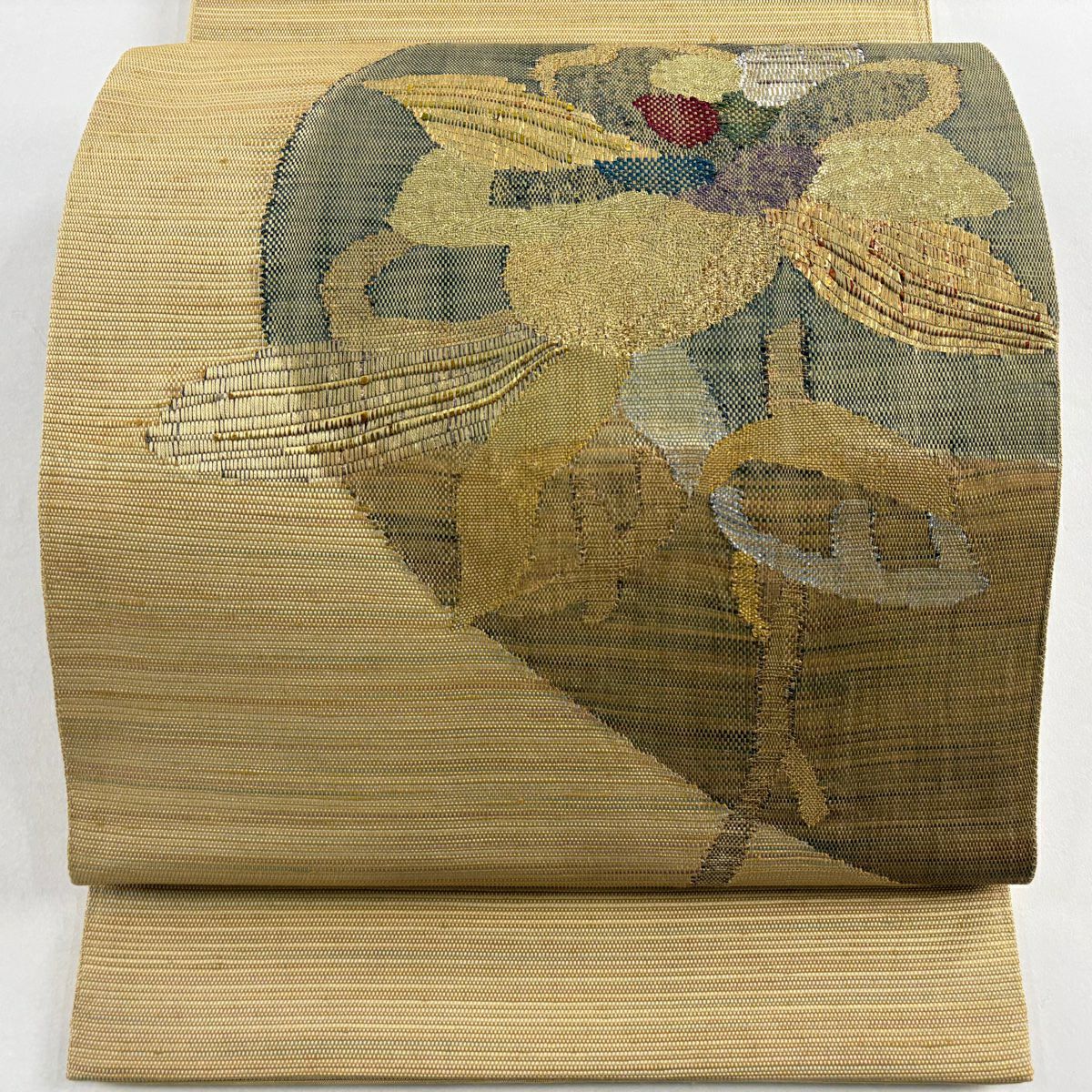 【美品】 袋帶 秀品級 草花紋紋 金金箔 淺茶 細鼓圖案 純蠶絲