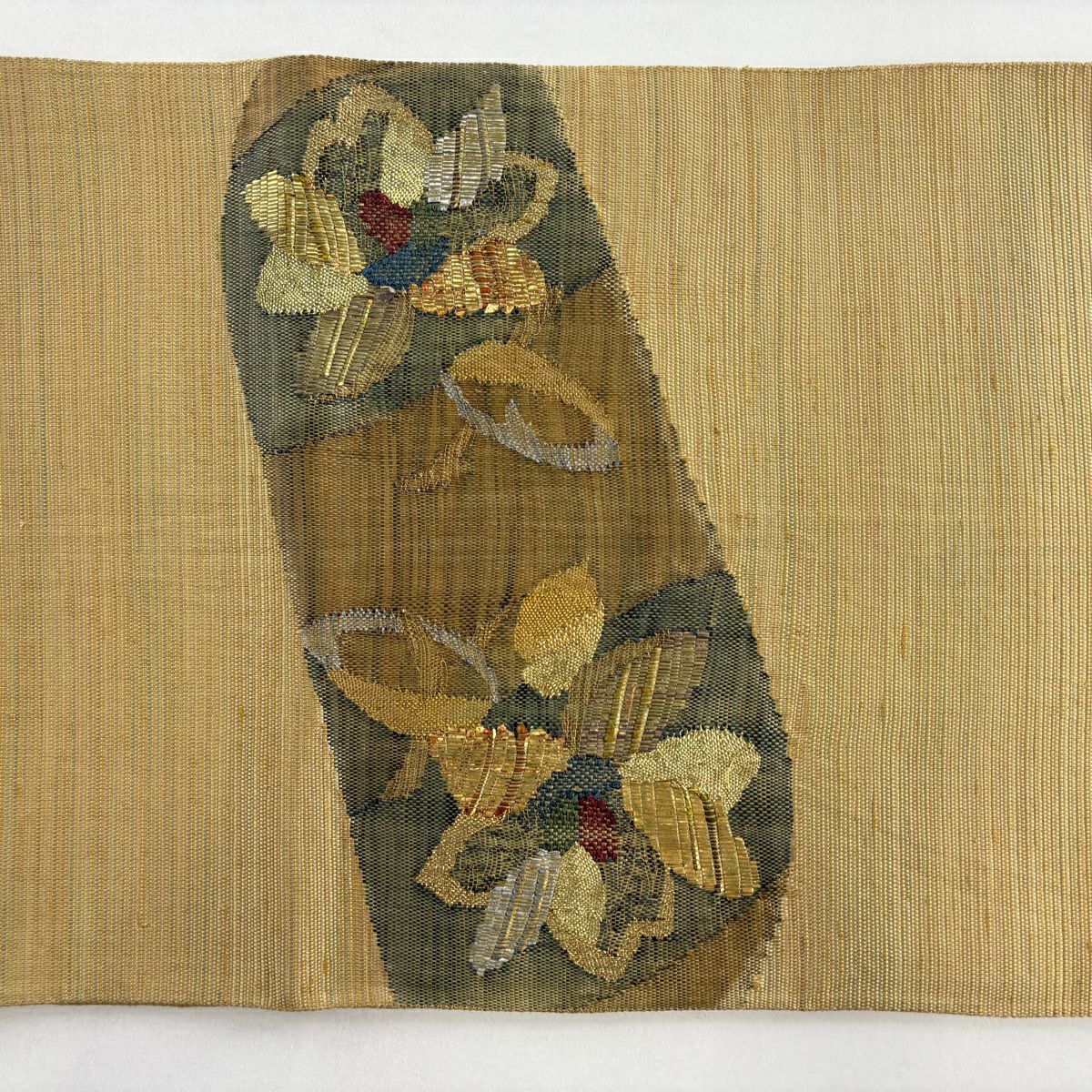 【美品】 袋帶 秀品級 草花紋紋 金金箔 淺茶 細鼓圖案 純蠶絲