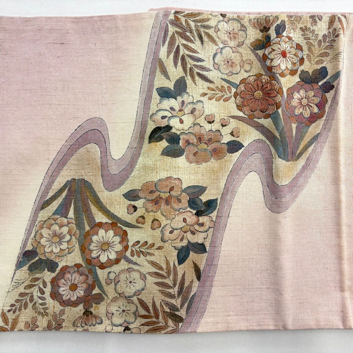 袋帶 秀品級 草花紋紋 金絲 金銀彩 淺紫色 大鼓圖案 純蠶絲