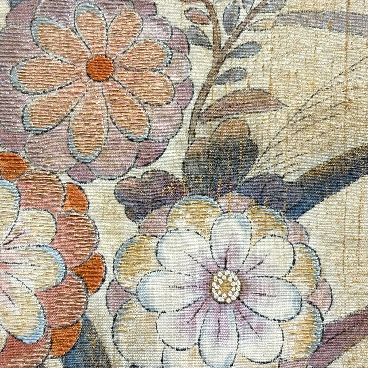 袋帶 秀品級 草花紋紋 金絲 金銀彩 淺紫色 大鼓圖案 純蠶絲