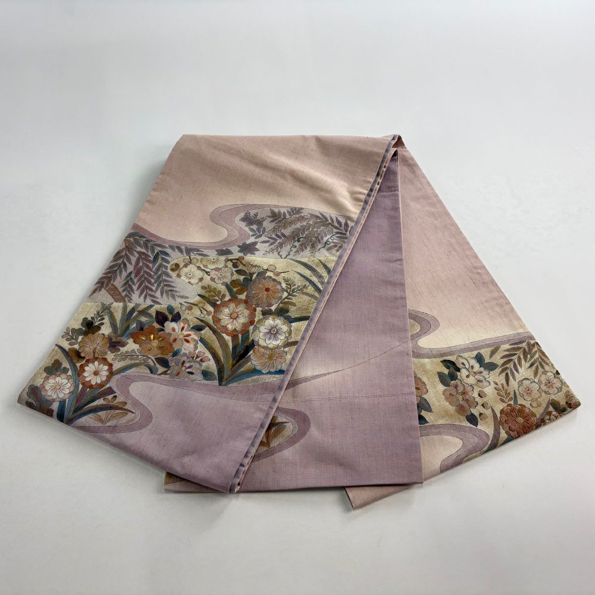 袋帶 秀品級 草花紋紋 金絲 金銀彩 淺紫色 大鼓圖案 純蠶絲