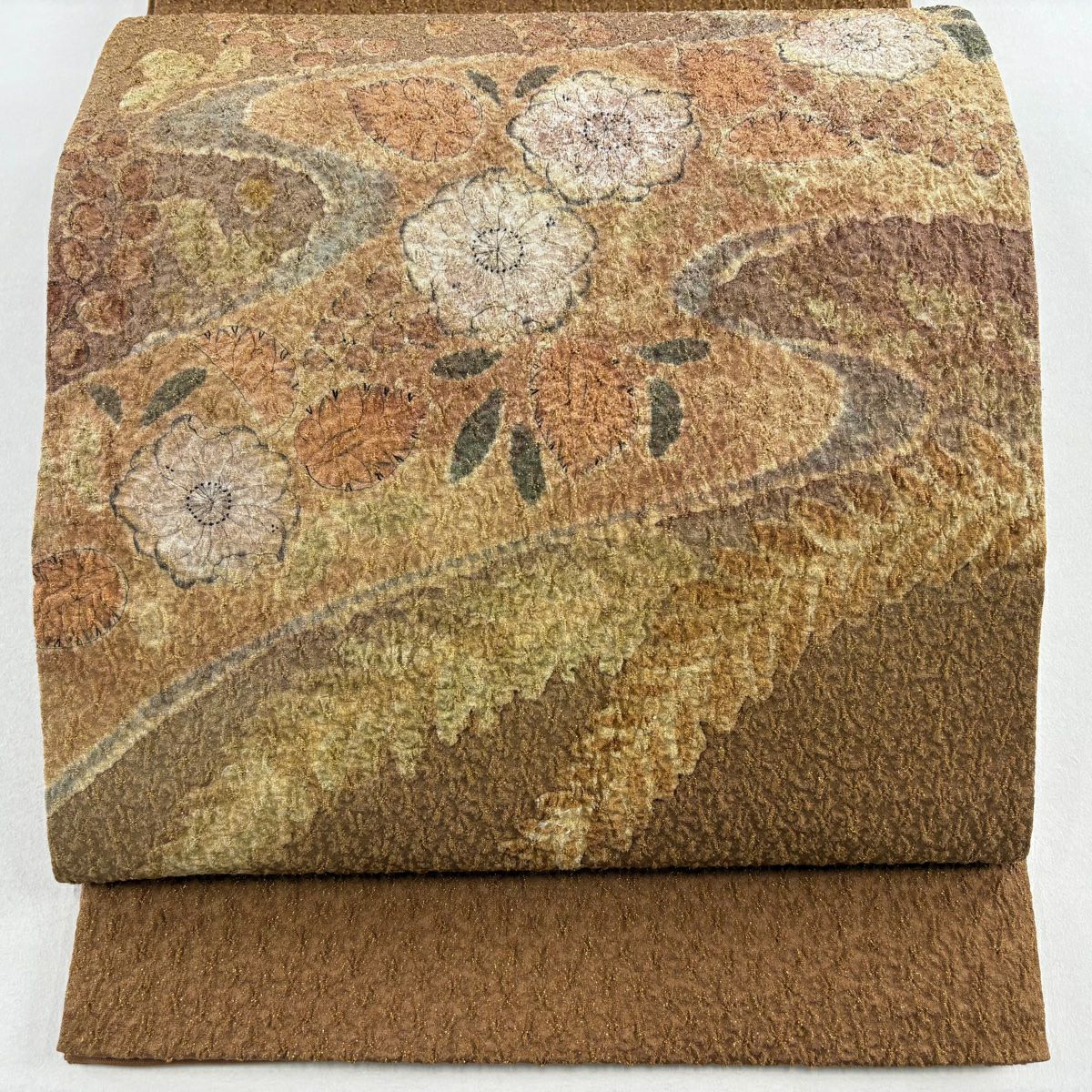 【美品】 袋帶 秀品級 草花紋紋 霞 金絲 茶 純蠶絲
