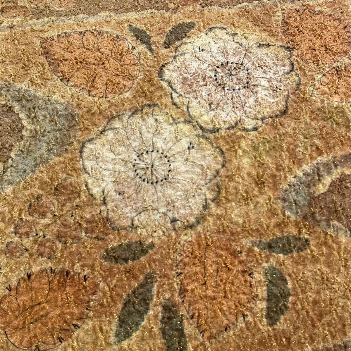 【美品】 袋帶 秀品級 草花紋紋 霞 金絲 茶 純蠶絲