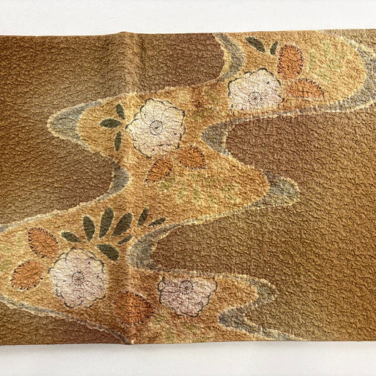 【美品】 袋帶 秀品級 草花紋紋 霞 金絲 茶 純蠶絲