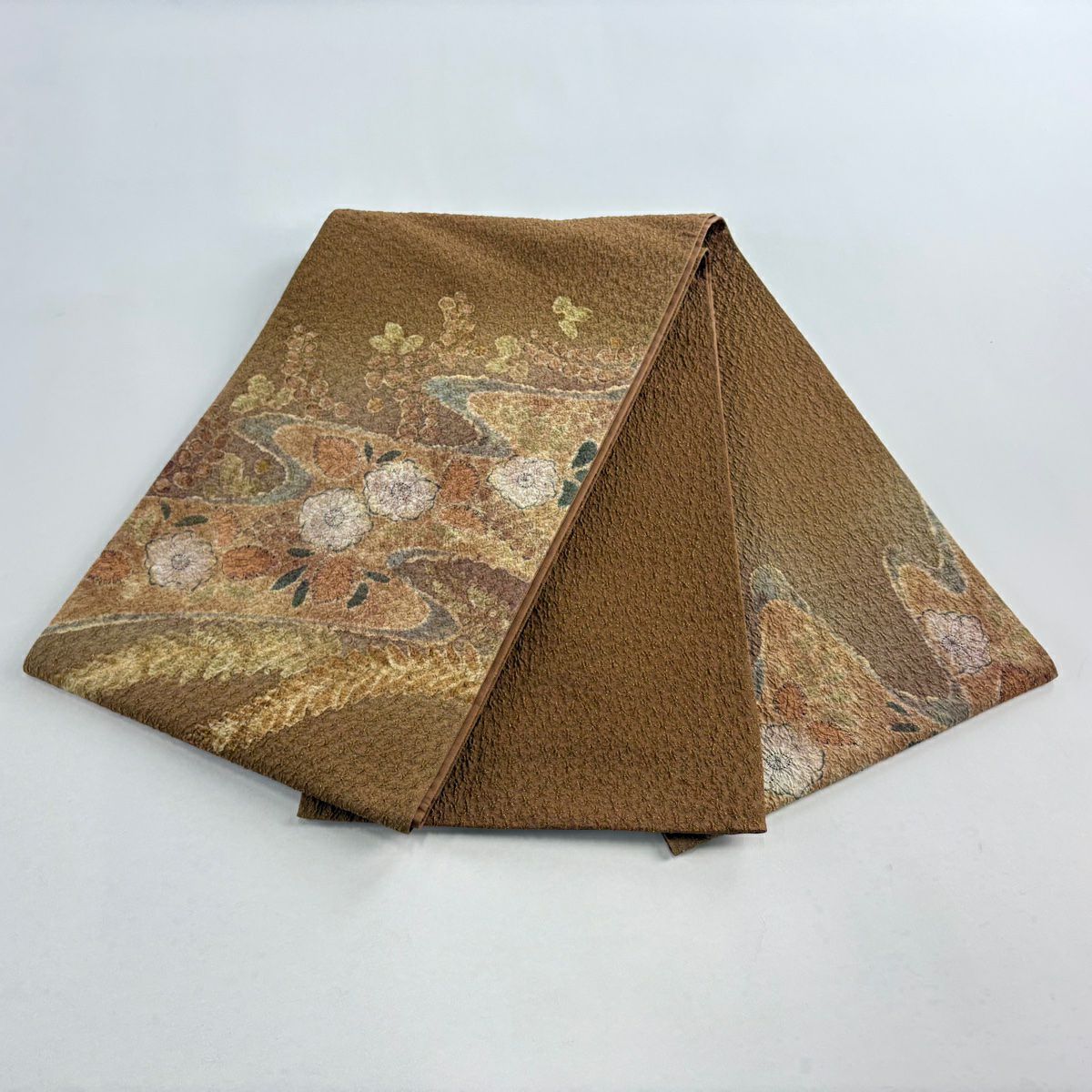 【美品】 袋帶 秀品級 草花紋紋 霞 金絲 茶 純蠶絲