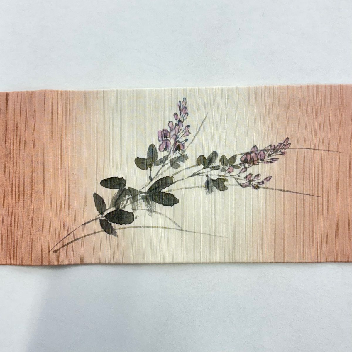 名古屋帶 秀品級 附落款 草花紋紋 漸層 粉米色 純蠶絲