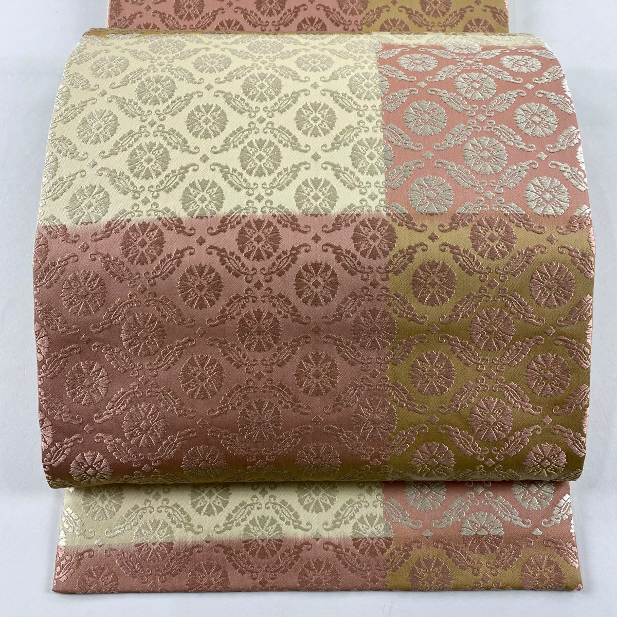 【美品】 袋帶 秀品級 花 刺繡 米色 全通 純蠶絲