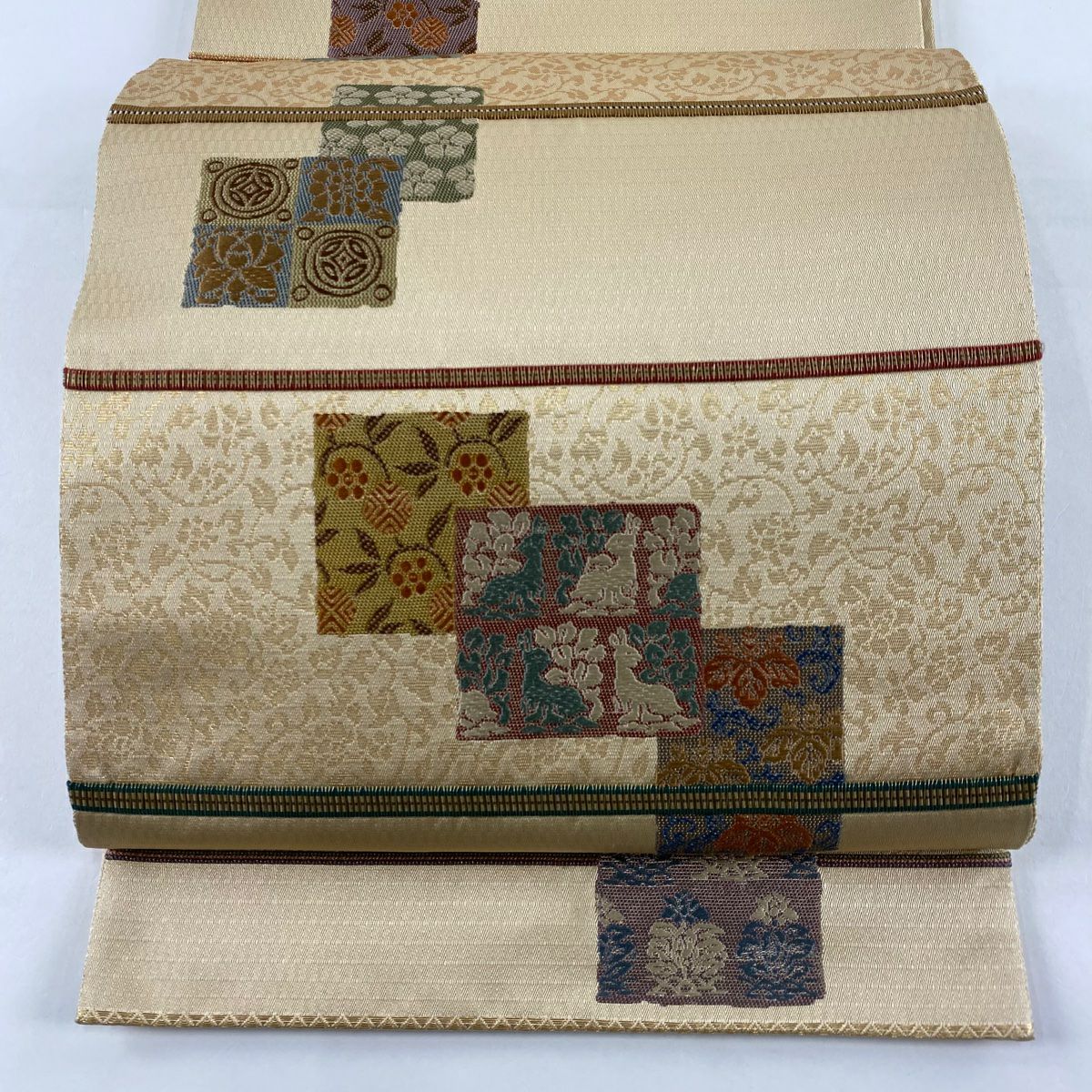 【美品】 袋帶 秀品級 花兔 縞 金絲 金金箔 米色 六通 純蠶絲