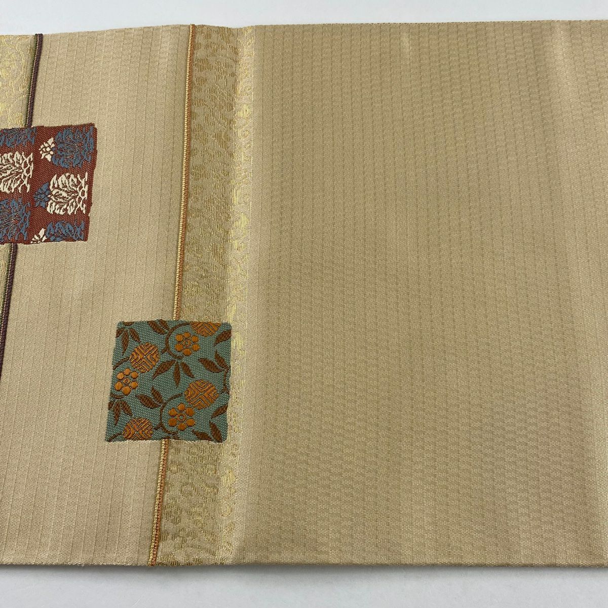 【美品】 袋帶 秀品級 花兔 縞 金絲 金金箔 米色 六通 純蠶絲