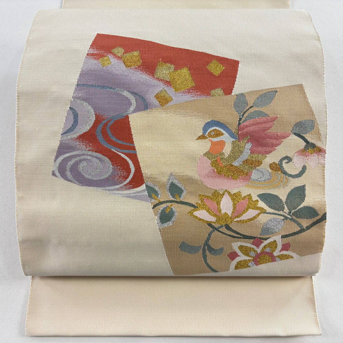 【美品】 名古屋帶 優品級 八寸名古屋帶 松樹葉仕立 鳥 草花紋 金銀彩 奶油色 純蠶絲