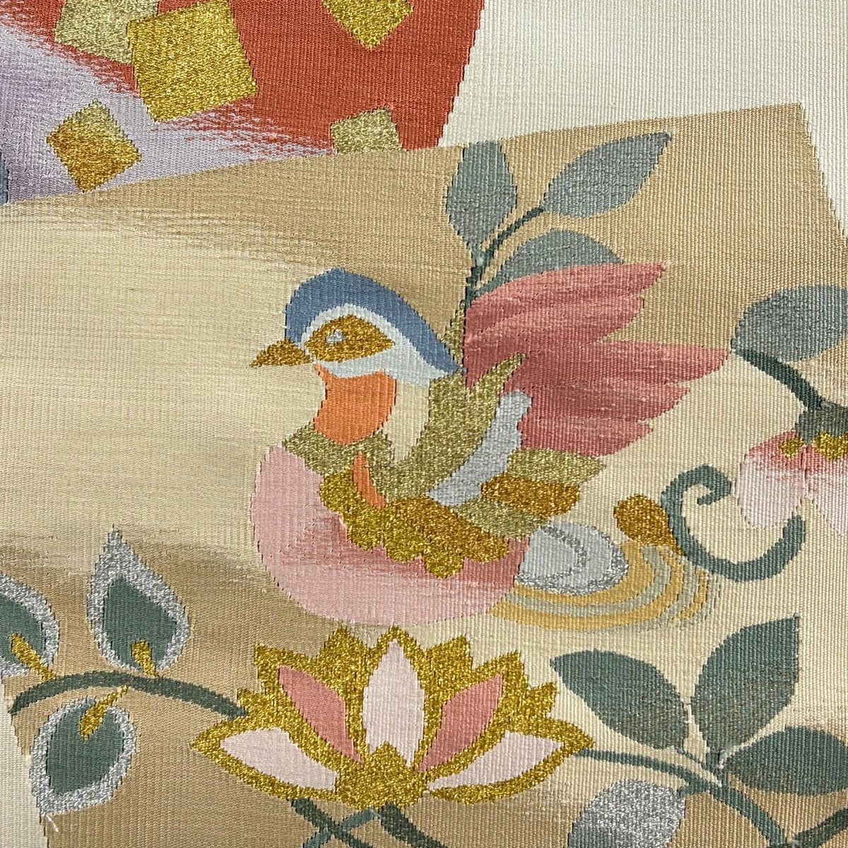【美品】 名古屋帶 優品級 八寸名古屋帶 松樹葉仕立 鳥 草花紋 金銀彩 奶油色 純蠶絲