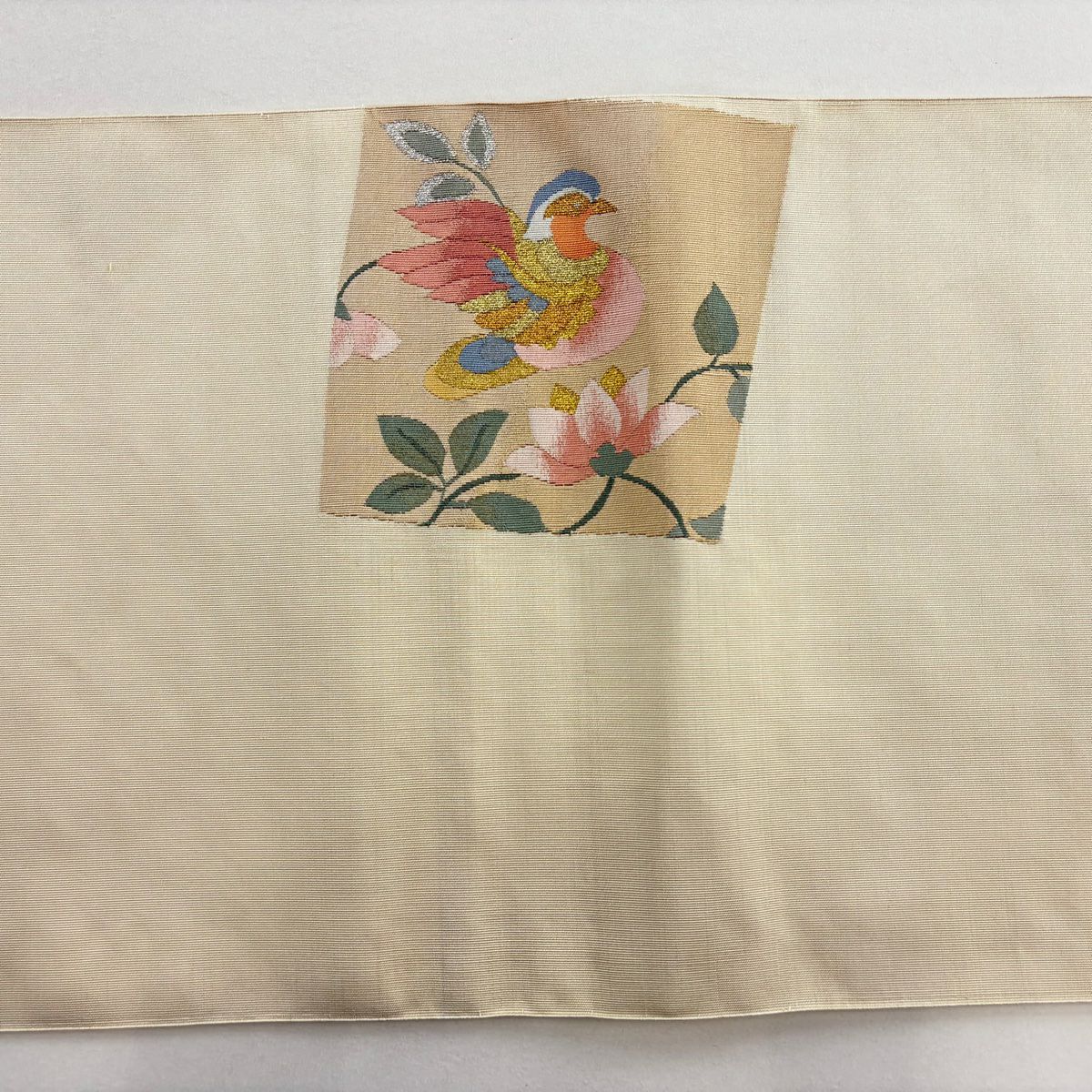 【美品】 名古屋帶 優品級 八寸名古屋帶 松樹葉仕立 鳥 草花紋 金銀彩 奶油色 純蠶絲