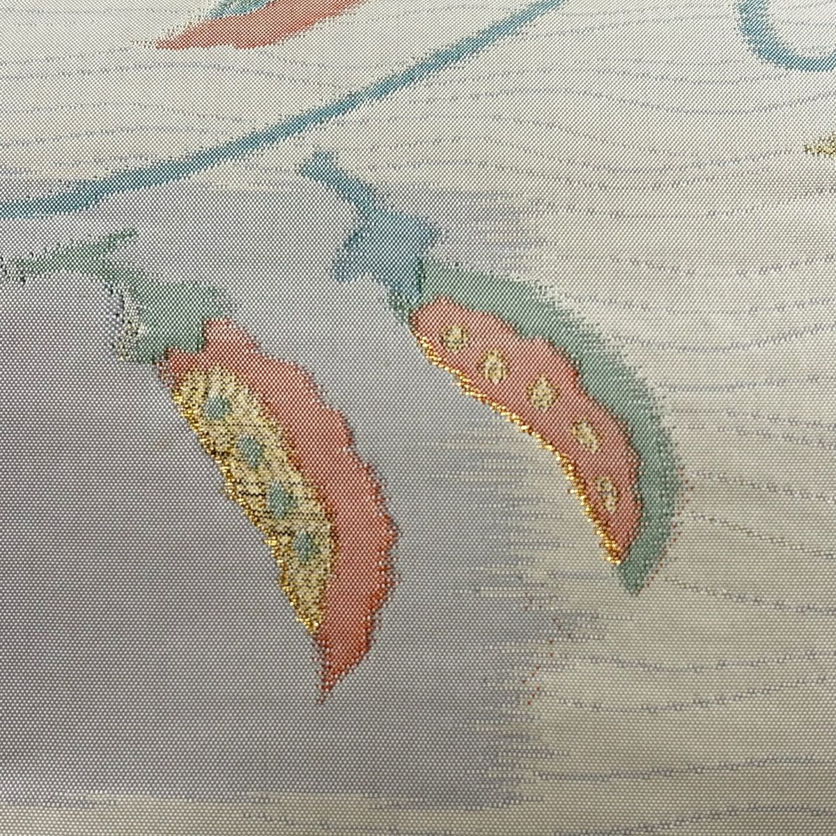 袋帶 秀品級 唐辛子 よろけ縞 金金箔 灰紫 六通 純蠶絲