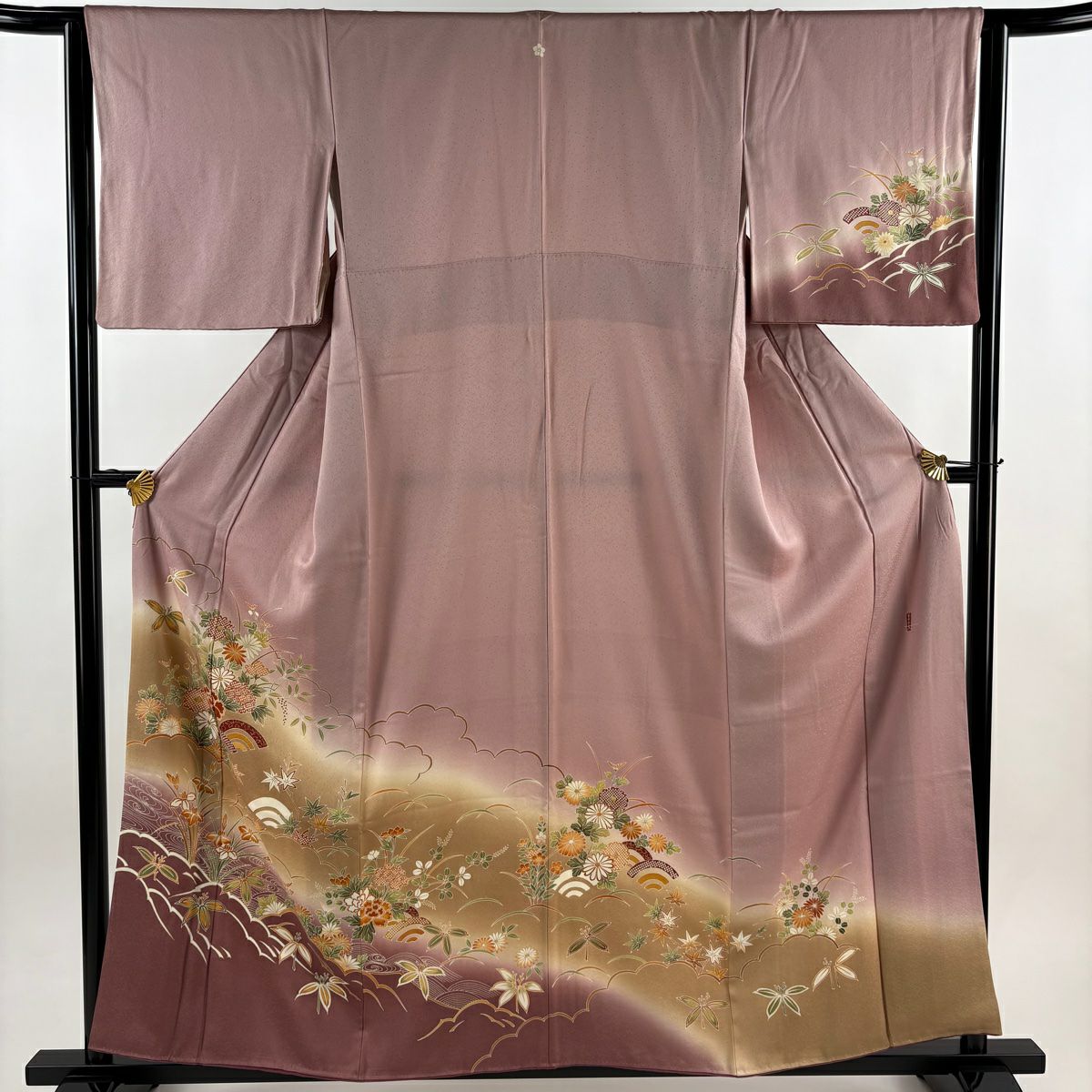 付下 身長158.5cm 袖長64cm M 雙層 落款 草花紋紋 雲文 金銀彩 漸層 薄紫 純蠶絲 秀品級 一つ紋