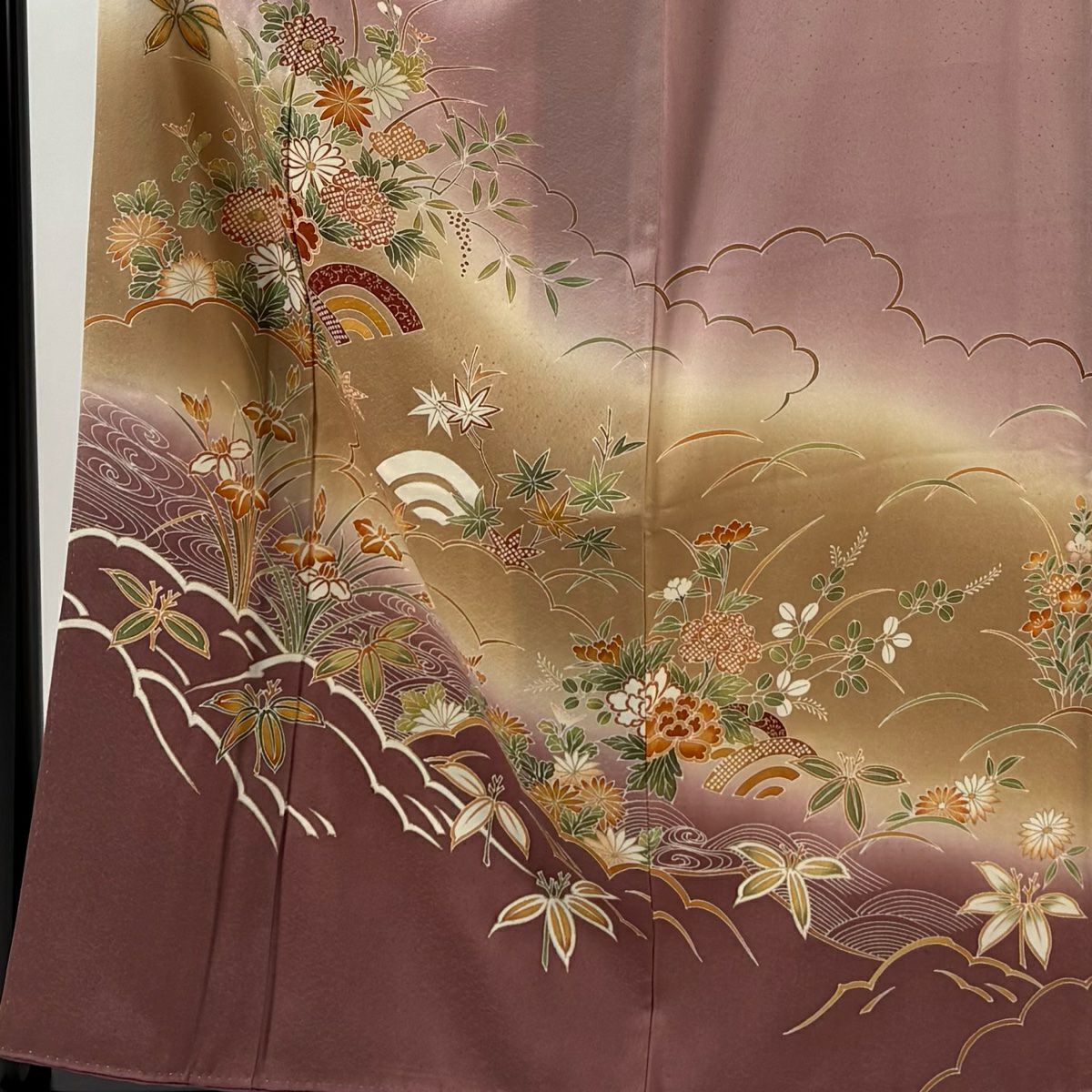 付下 身長158.5cm 袖長64cm M 雙層 落款 草花紋紋 雲文 金銀彩 漸層 薄紫 純蠶絲 秀品級 一つ紋