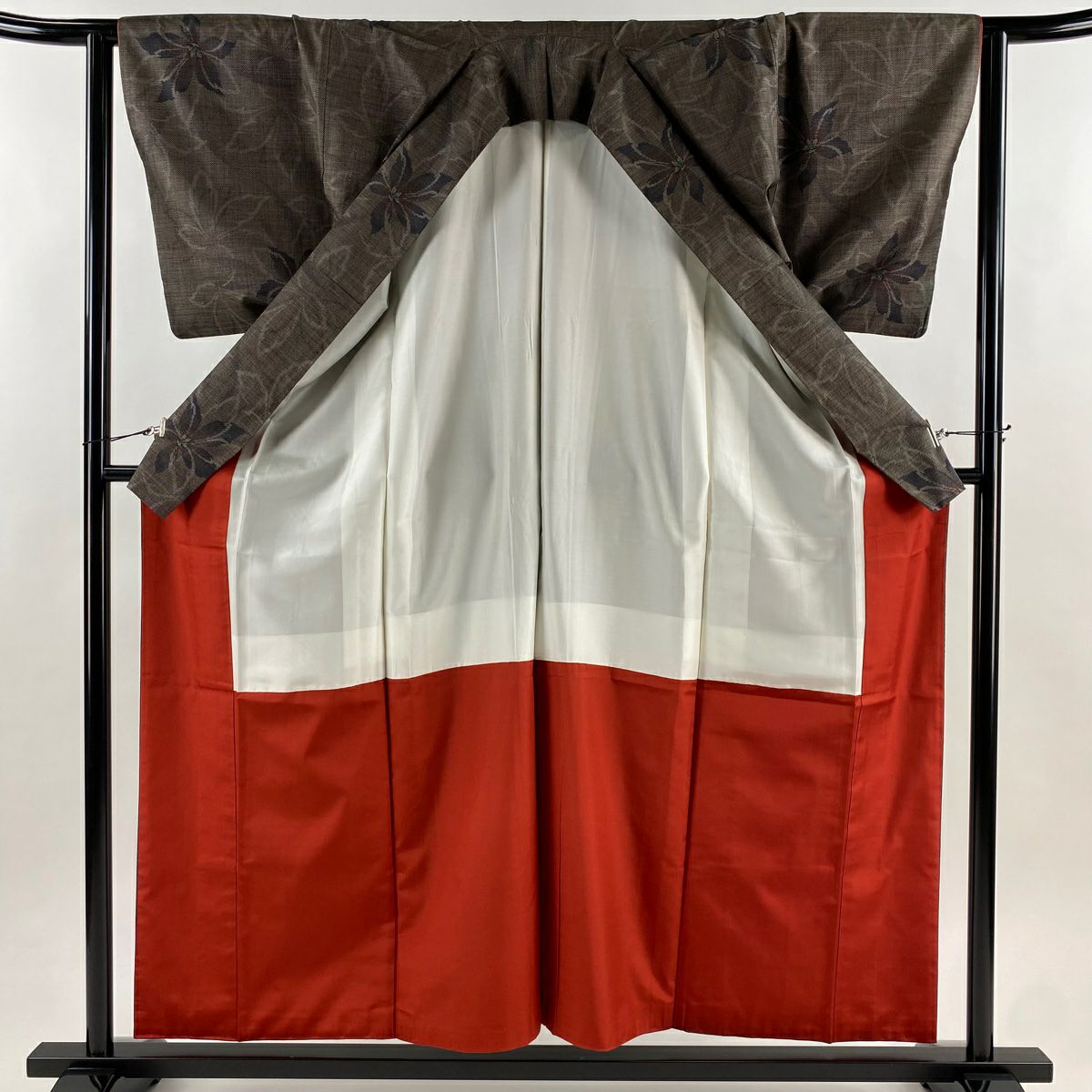 【美品】 大島織 身長158cm 袖長64cm M 雙層 純泥染 證書附帶 花 焦茶 正蠶絲 優品級