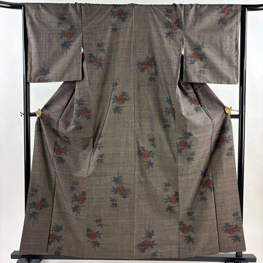 【美品】 紬織織 身長160cm 袖長66cm M 雙層 枝花 焦茶 純蠶絲 秀品級