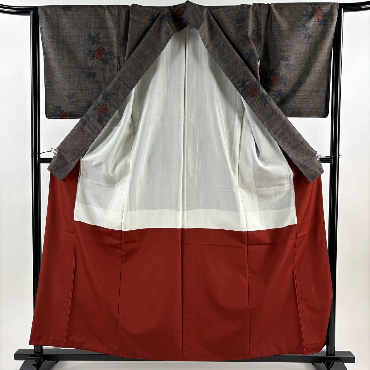 【美品】 紬織織 身長160cm 袖長66cm M 雙層 枝花 焦茶 純蠶絲 秀品級