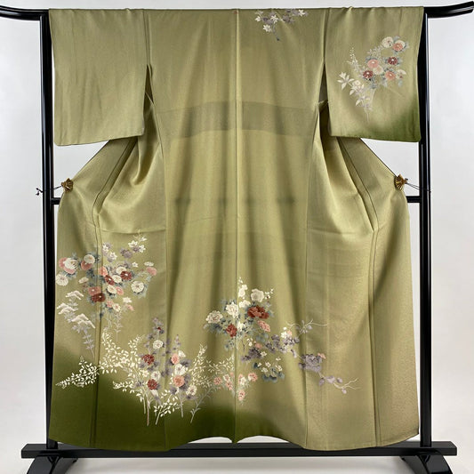 訪問服 身長157.5cm 袖長66cm M 雙層 菊花 秋草 銀通し 金銀彩 灰綠 純蠶絲 秀品級 一つ紋