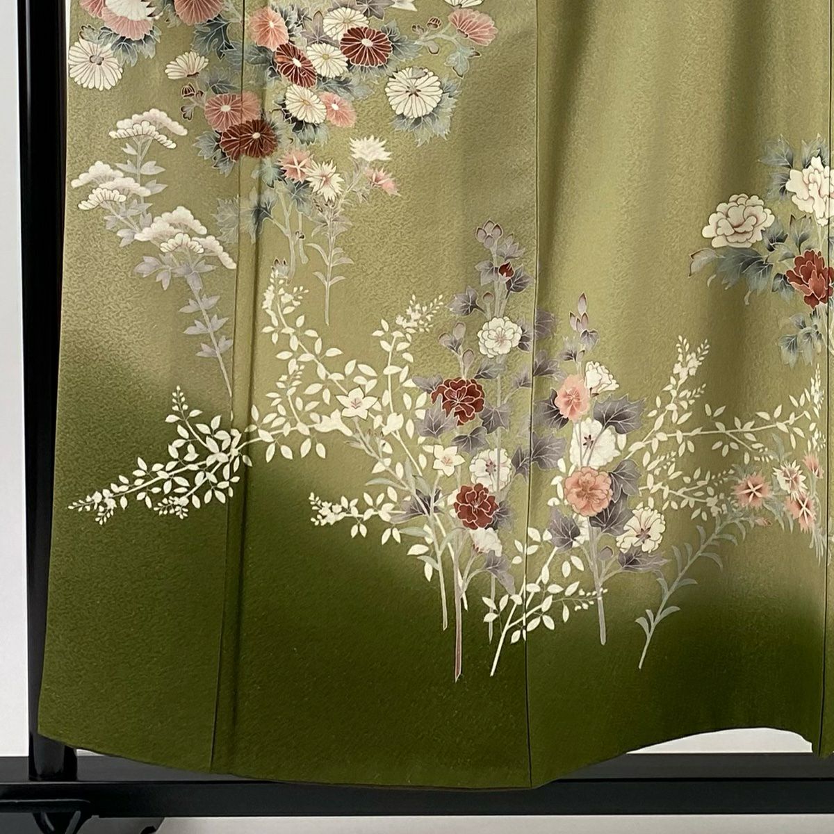 訪問服 身長157.5cm 袖長66cm M 雙層 菊花 秋草 銀通し 金銀彩 灰綠 純蠶絲 秀品級 一つ紋