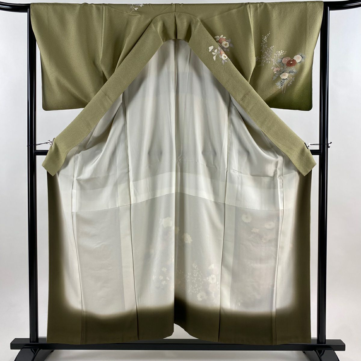訪問服 身長157.5cm 袖長66cm M 雙層 菊花 秋草 銀通し 金銀彩 灰綠 純蠶絲 秀品級 一つ紋