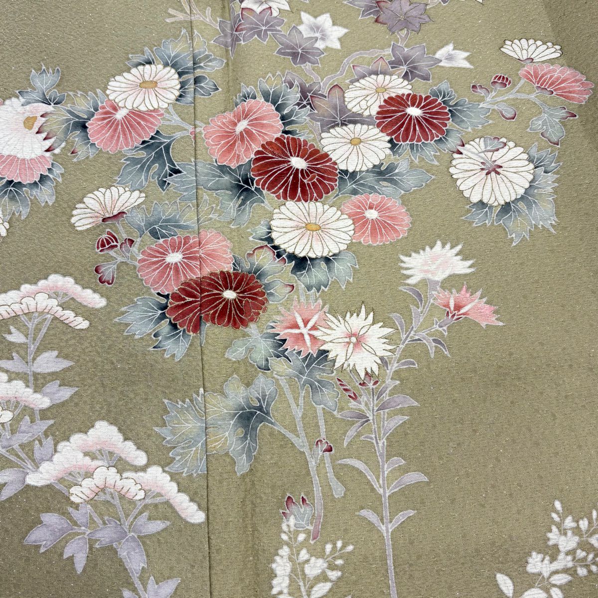 訪問服 身長157.5cm 袖長66cm M 雙層 菊花 秋草 銀通し 金銀彩 灰綠 純蠶絲 秀品級 一つ紋