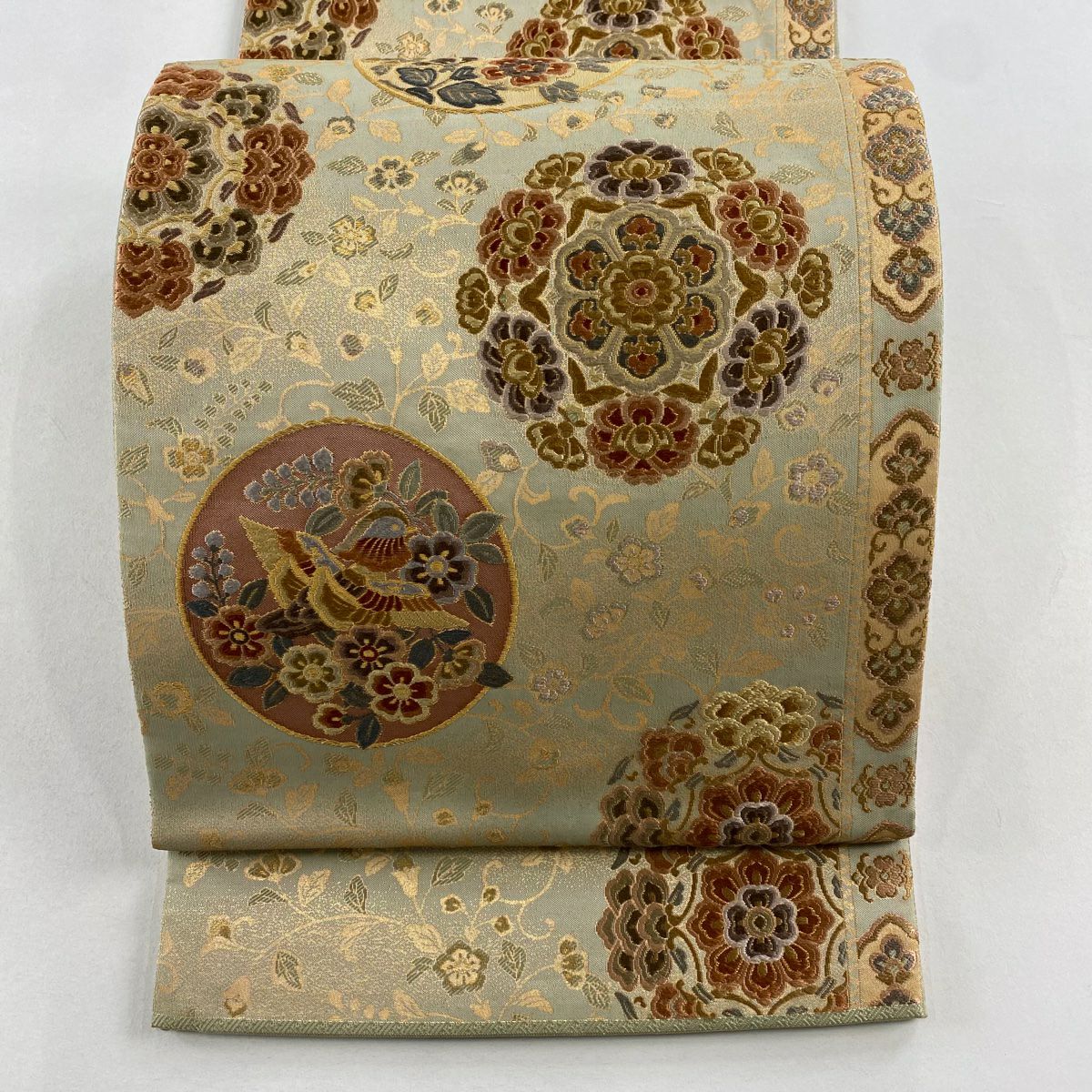 【美品】 袋帶 名品級 華紋 花唐草紋 金金箔 灰綠 六通 純蠶絲