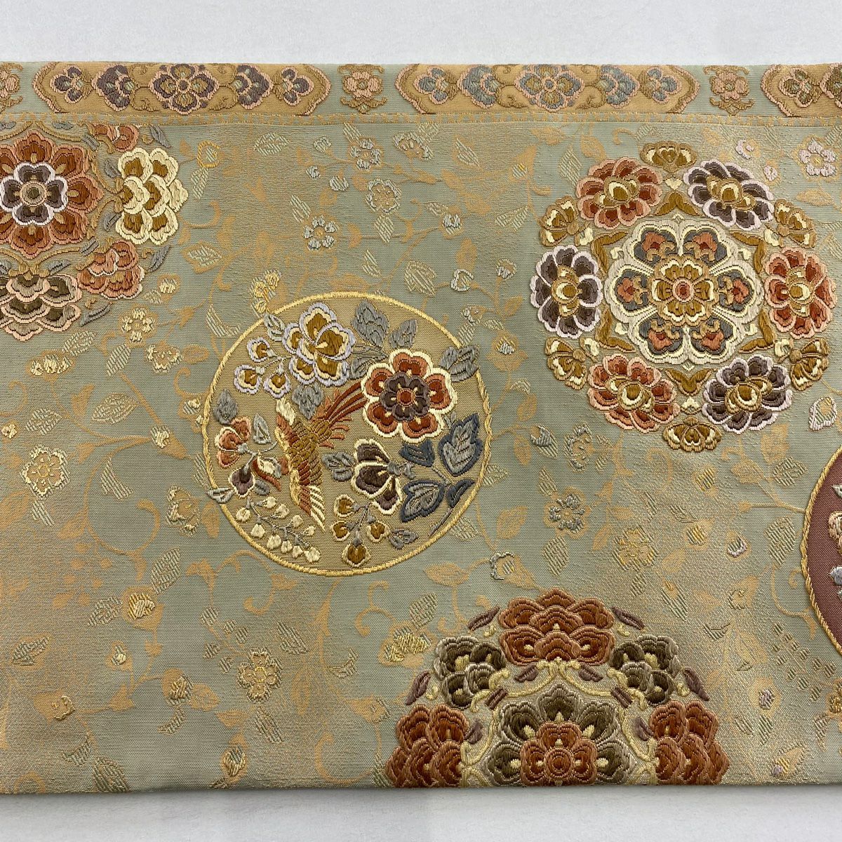 【美品】 袋帶 名品級 華紋 花唐草紋 金金箔 灰綠 六通 純蠶絲