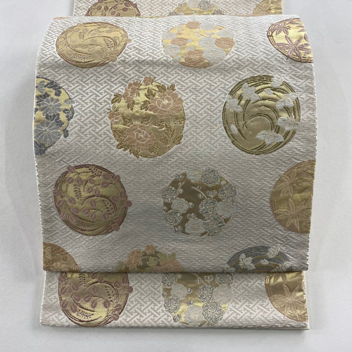 袋帶 名品級 花丸紋 草花紋紋 金彩裝飾 金金箔 奶油 六通 純蠶絲