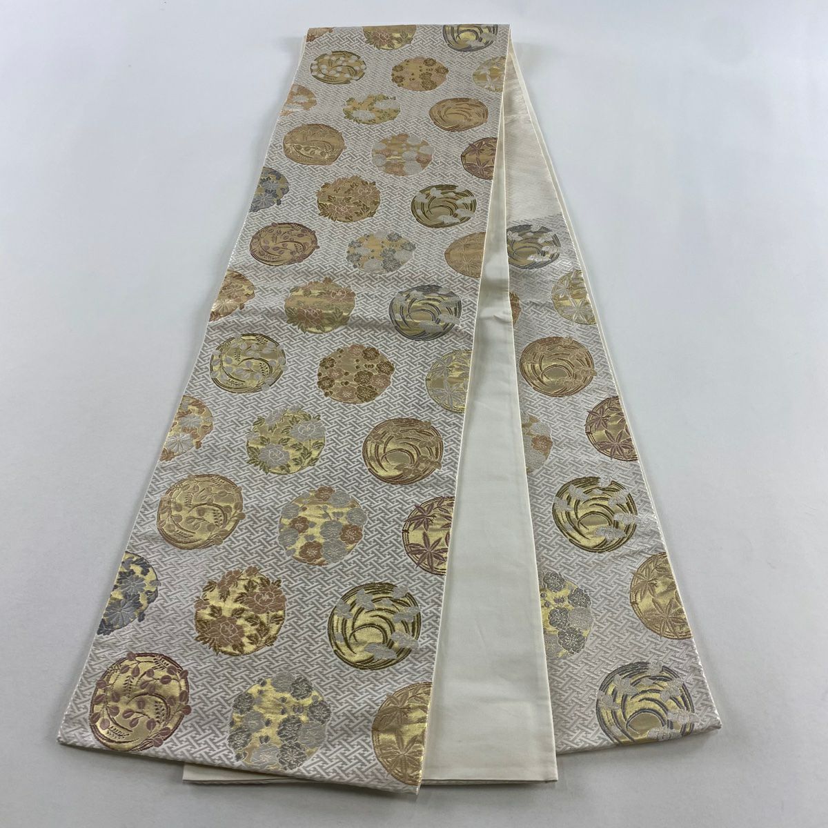 袋帶 名品級 花丸紋 草花紋紋 金彩裝飾 金金箔 奶油 六通 純蠶絲