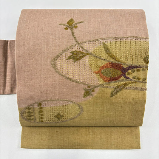 【美品】名古屋帶 優品級 紬織織 草花紋紋 霞 刺繡 鶯色 純蠶絲