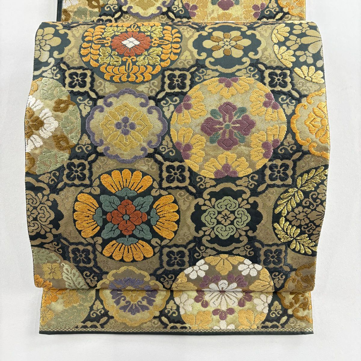 【美品】 袋帶 秀品級 有落款 華紋 金糸 金金箔 深綠 六通 純蠶絲