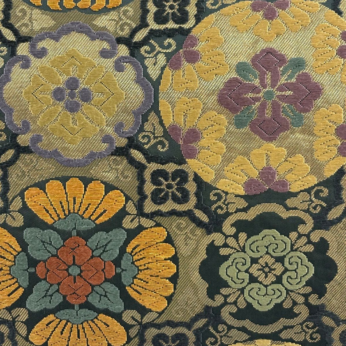 【美品】 袋帶 秀品級 有落款 華紋 金糸 金金箔 深綠 六通 純蠶絲