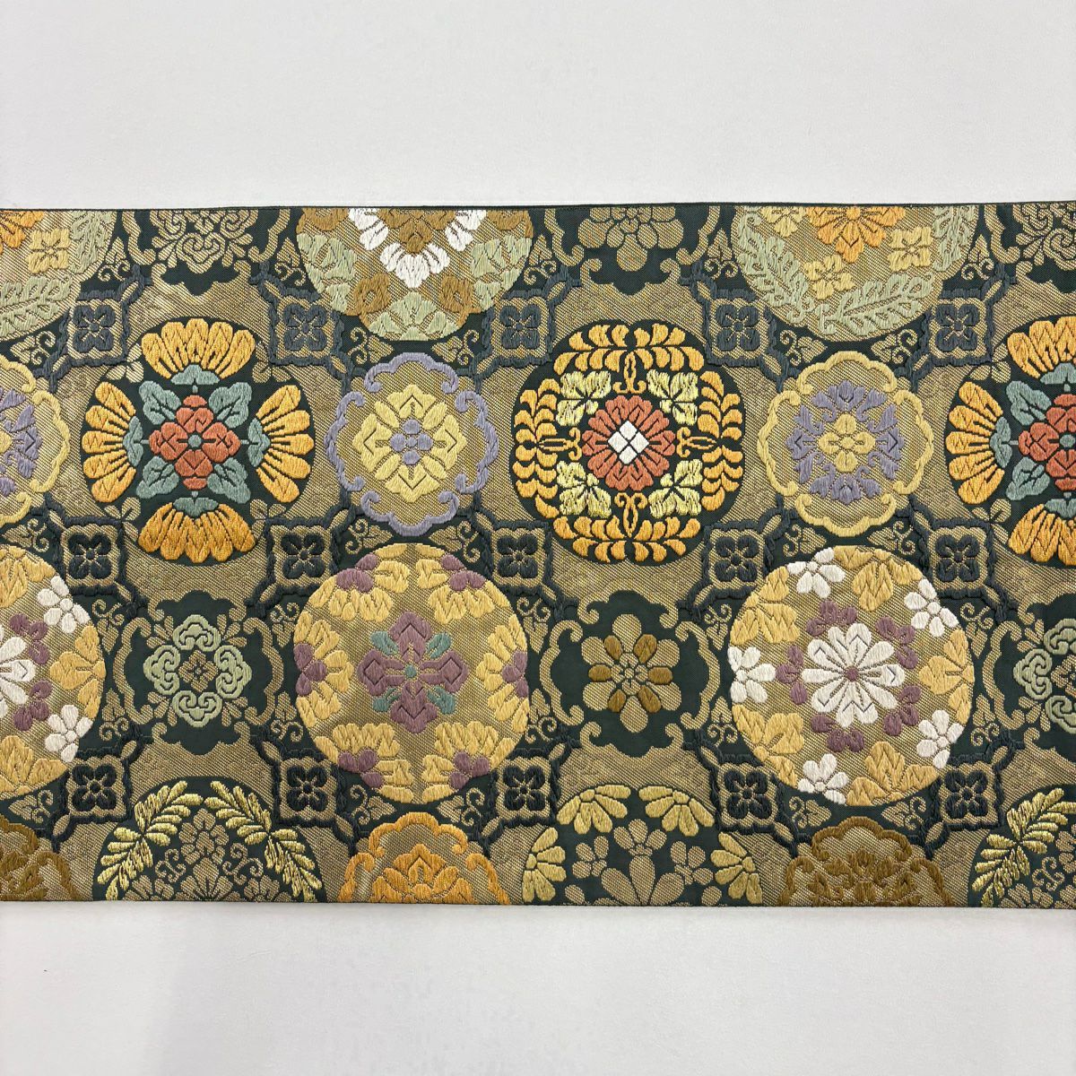 【美品】 袋帶 秀品級 有落款 華紋 金糸 金金箔 深綠 六通 純蠶絲