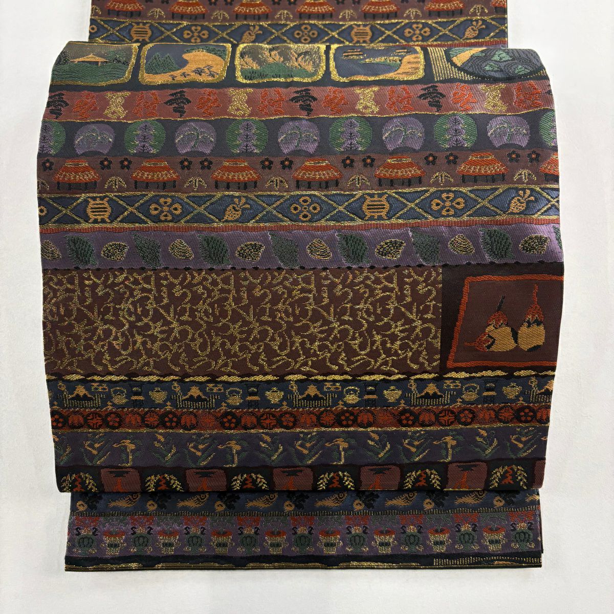 【美品】 開口名古屋帶 優品級 生物 建築 金絲 青紫 純蠶絲