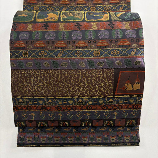 【美品】 開口名古屋帶 優品級 生物 建築 金絲 青紫 純蠶絲