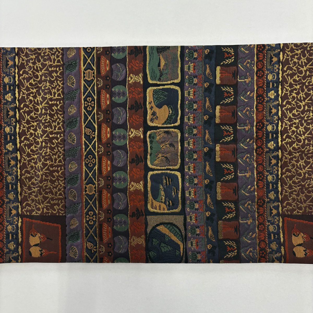 【美品】 開口名古屋帶 優品級 生物 建築 金絲 青紫 純蠶絲
