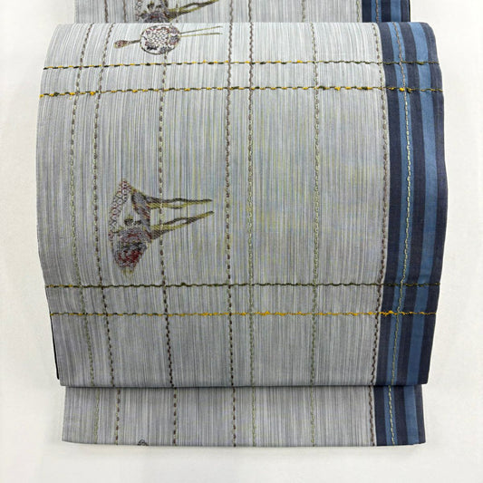 袋帶 秀品級 紬織織 髮簪 格子 金絲 刺繡 灰 深藍 全通 純蠶絲