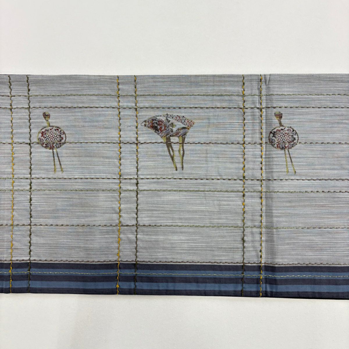 袋帶 秀品級 紬織織 髮簪 格子 金絲 刺繡 灰 深藍 全通 純蠶絲