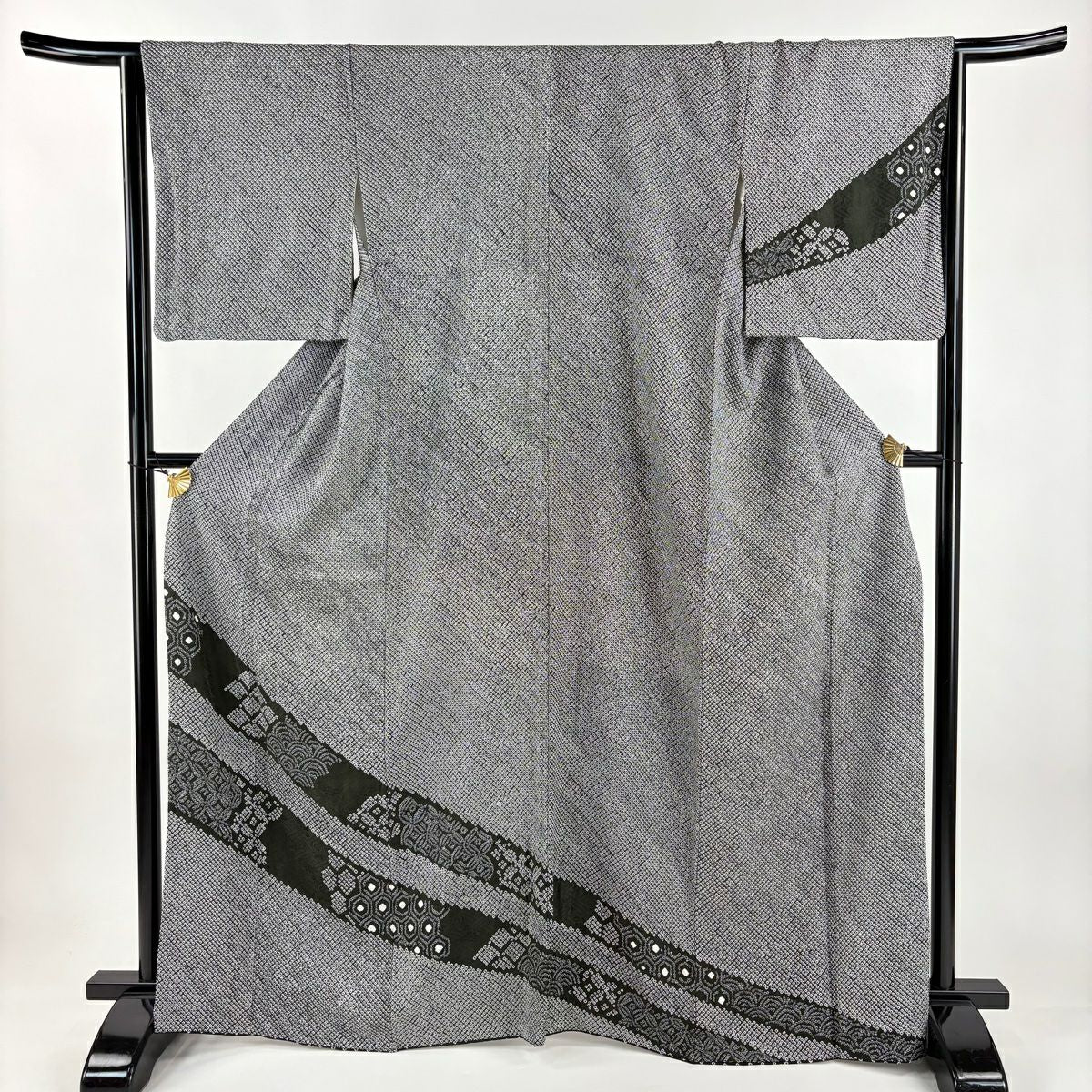 【美品】 付下 身長164.5cm 袖長65cm M 雙層 青海波 七寶紋 絞染 黑 純蠶絲 名品級