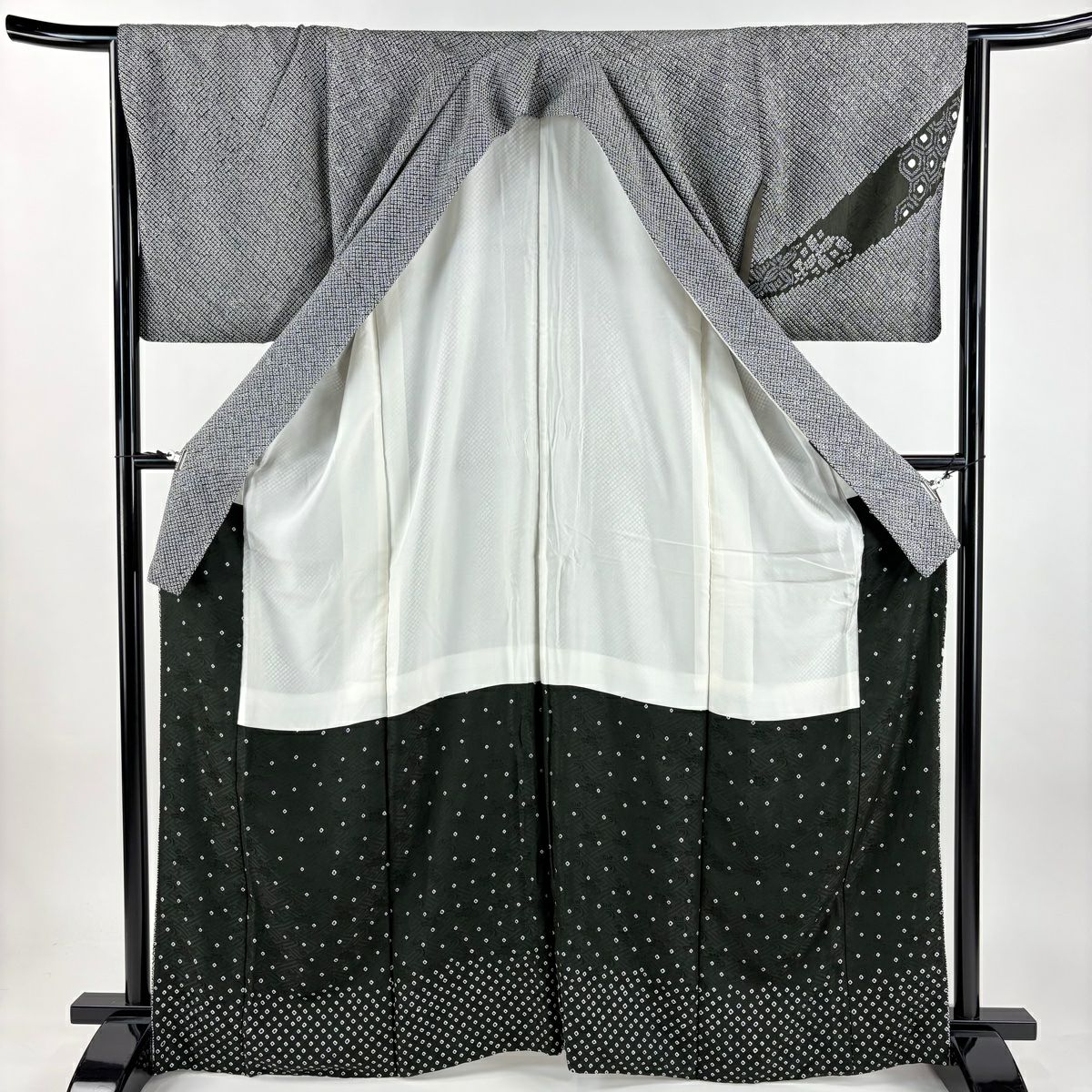 【美品】 付下 身長164.5cm 袖長65cm M 雙層 青海波 七寶紋 絞染 黑 純蠶絲 名品級