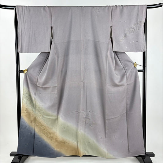 付下 身長159.5cm 袖長67cm M 雙層 花 流水 刺繡 染分 灰紫 純蠶絲 名品級