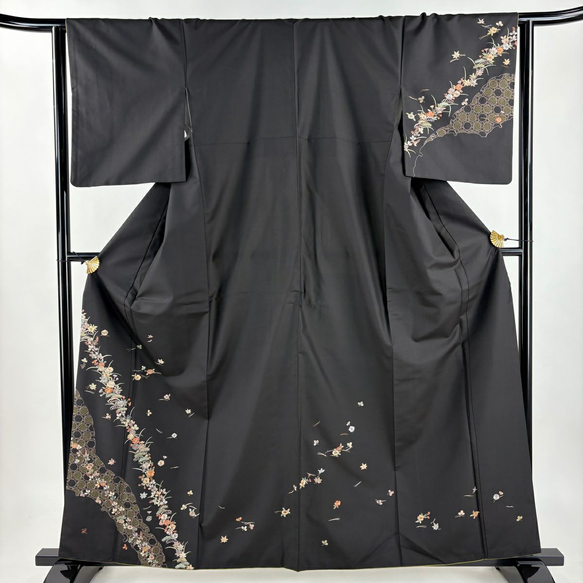 付下 身長161cm 袖長63cm S 雙層 草花紋紋 雪輪 金糸刺繡 焦茶 純蠶絲 名品級